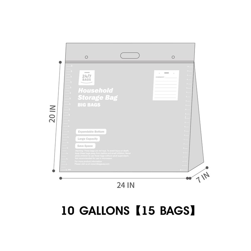 15 XX-Large Plastic Storage Bags, 10 Gallons, Zero BPA, Double
