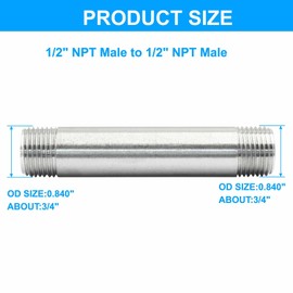 Hordion Stainless Steel Nipple Pipe Fittings, 1/2" NPT X 1/2" NPT Male Threaded Cast Fittings, 4" Tube Sleeve Extension Connector