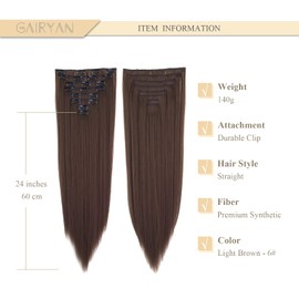 Gairyan Clip-In Hair Extensions Clips 8-Piece Set Synthetic Hairpiece Clip On Hair Extensions Clips 60 cm Straight Long Synthetic Hair for Girls (Light Brown)