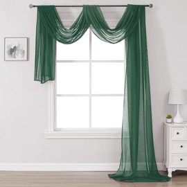 DONREN Dark Hunter Green Sheer Window Valance - Luxury Soft Semi Sheer Curtains Scarf for Wedding Arch, Christmas Decor (1 Panel, 34 x 216 Inch Length)