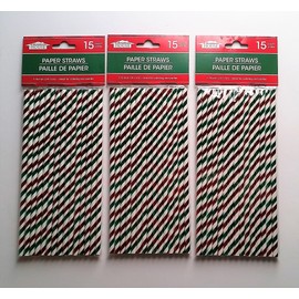 Christmas House Disposable Paper Straws - Red and Green Foil Candy Cane Stripped - 45 Count