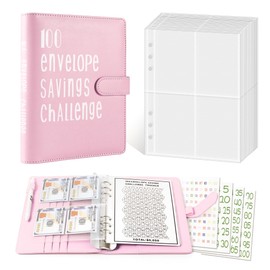 100 Envelope Challenge Binder | A5 Savings Binder with Cash Envelopes | Budget Binder for Planning and Saving $5050 with Magnetic Buckle (Pink)