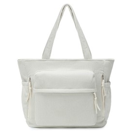 MYHOZEE Corduroy Tote Bag for Women - Cute Hobo Bags Tote Purse with Zipper Shoulder Handbag for Work School College Every Day, Cream