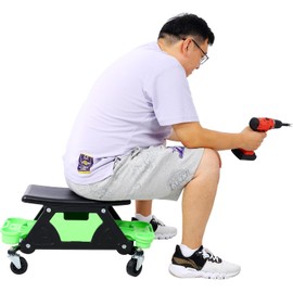 AnoYishev Mechanic Stool Seat Chair with Wheels, Heavy Duty Rolling Garage Stool with 3 Removable Tool Trays and Drawer, 300 LBS Capacity, Rolling Tool Seat for Shop, Auto Repair (Green)