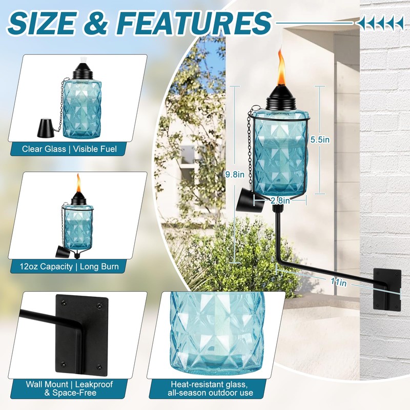 Glass Garden Torches for Outside,Outdoor Citronella Torch with Wall Mounted