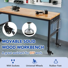 Adjustable Height Workbench 60" x 22", Heavy Duty 2000 Lbs Capacity Garage Worktable with Locking Wheels Power Outlet Industrial Grade for Workshop, Office Home Commercial Use