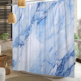 Kzzfqxb 90x183cm Shower Curtains with Plastic Hooks, Waterproof Occluded Light Blue Marble Texture Lines Waterflow Abstract Art Pattern for Bath, Fresh Polyester Fabric for Bathroom Bathtub
