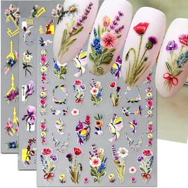 Dornail 5D Embossed Bronzing Nail Stickers - 3 Sheets Spring Flower Grass Bird Nail Art Decals - Colorful Floral Nail Accessories for Women Manicure Decor