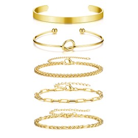 Zysta 5PCS 14K Gold Bracelet Sets for Women Ladies Layered Dainty Link Chain Bangle Cuff Bracelets Gold Jewellery Gifts for Mother's Day Valentine's Day Wedding Birthday