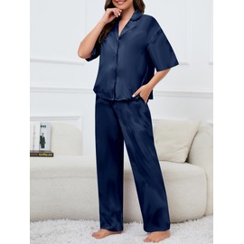 Famulily Womens Cotton Pj Set Short Sleeve Top and Long Pants Sleepwear Casual Soft Lounge Sets Navy Blue L