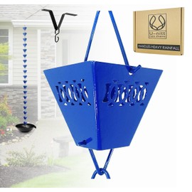U-nitt Rain Chain Water Collection for Gutters Rainwater Catcher & Diverter, 8.5 FT Chains for Outside Garden, Blue Square Cups, Roof Downspout, Works with Heavy Rain, w/Gutter Clip for Rainchains