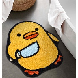 Cute Duck Bath Mat for Bathroom Non Slip Machine Washable, 24’’W x 26’’L Yellow Funny Animal Funky Bathroom Rugs Microfiber Shaggy Floor Mat, Aesthetic Fun Cool Throw Rug Chick with Knife Meme Rug