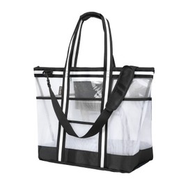 Vulken - Bolsa de playa de malla extragrande de 42 litros. Bolsa de hombro con cierre superior de 9 bolsillos, Negro -, Large, 21” x 16” x 7.5", 42L