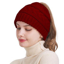 PFFY Ponytail Beanie Hat for Women Winter Warm Knit Beanies High Bun Hat Skull Cap WineRed (Ponytail)