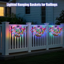 Solar Hanging Basket with Artificial Flowers: Outdoor Fake Flower Baskets with Solar String Lights for Spring Decor - 10 inch Plant Basket with Silk Faux Petunias for Porch Railing Fence Wall Door