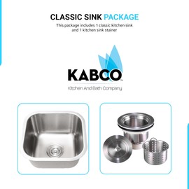 KABCO 16 Inch Square Single Bowl Stainless Steel Kitchen Bar Sink with Kitchen Sink Strainer and Removable Garbage Basket, 18 Gauge Undermount Rust Resistant Sound and Heatproof Swirl Finish Sink