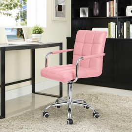 JUMMICO Desk Chair Modern Office Chair with Wheels Vanity Chair PU Leather Mid-Back Rolling Chair Cute Chair for Office, Teen, and Bedroom Desks (Pink)