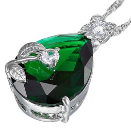 RIZILIA Blossom Pendant with 18" Chain & Pear Cut CZ [Simulated Green Emerald] in White Gold Plated, Simple Modern Elegant
