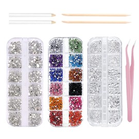 Rhinestone Set, 3800 Pieces Rhinestones Nail Art Nail Gems 3 Different Shapes, with 2 Rhinestone Picker Tool Pens, 2 Nail Wooden Sticks and 1 Pink Tweezer for Crafts, DIY, Nail Art