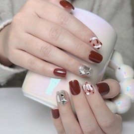 Soovbk Short Square Press on Nails, Handmade Press on Nails, Red Leopard with Flash Rhinestone Design, Professional Hand-Painted Nail Design 10 pcs Set (Size M)