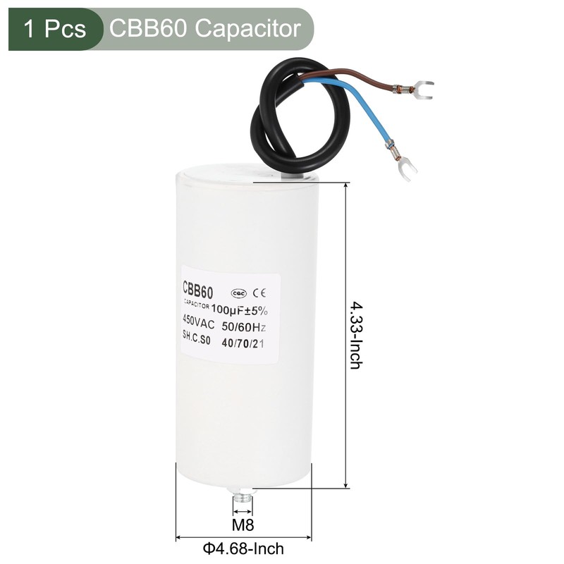 YOKIVE 100uF CBB60 Capacitor with U Terminal Wires, AC 450V(White)