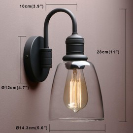 1-Light Vintage Wall Sconce, Yosoan Black Industrial Fixture Light with Elegant Gooseneck Curved Rod, Indoor Clear Glass Shade Wall Lamp Lighting for Bathroom Porch Kitchen Living Room Restaurant