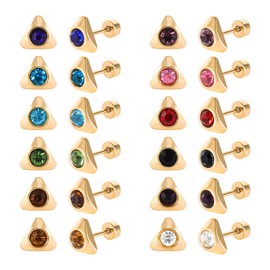 12 Pairs Surgical Stainless Steel Flat Back Birthstone Cubic Zirconia Stud Earrings, Gold Plated Screw Back Round Star Heart Flower Hexagon Triangle CZ Stud Earrings Set (Gold triangle 8mm)