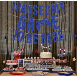 Pre-Strung I Paused My Game To Be Here Banner - Blue Glitter Video Game Party Decorations Supplies for Boys, Game Theme Birthday Party Decor, Photo Booth Props