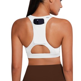 QUEENIEKE Sports Bras for Women Racerback Medium Support Workout Yoga Bra with Pocket (White, L)