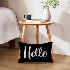 ULOVE LOVE YOURSELF Hello Lumbar Throw Pillow Covers Farmhouse Rustic Decorative Rectangular/Waist Pillowcases 12 x 20 Inch Front/Porch Welcome Decor Cushion Covers Housewarming Gifts (Black)