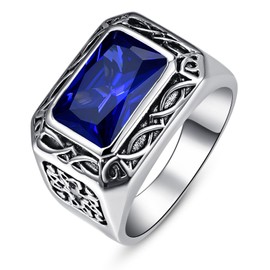 Yaresul Sapphire Rings for Men Stainless Steel Mens Signet Ring Celtic Gemstone Mens Pinky Ring Vintage Wedding Band Gift for Husband, Father, Grandpa Size 10