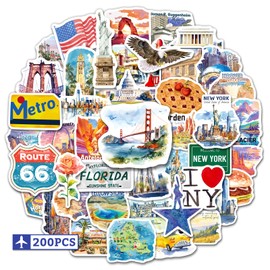 zheyistep 200PCS US Travel Stickers USA State Stickers for Scrapbooking Laptop Luggage, Watercolor America City Iconic Landmark National Park Decals for Journal Water Bottle