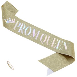 ZHBDPaty "Prom King and Prom Queen Sash with Pearl Safety Pin Graduation Party School Party Accessories (1pcs,Prom Queen,Gold)