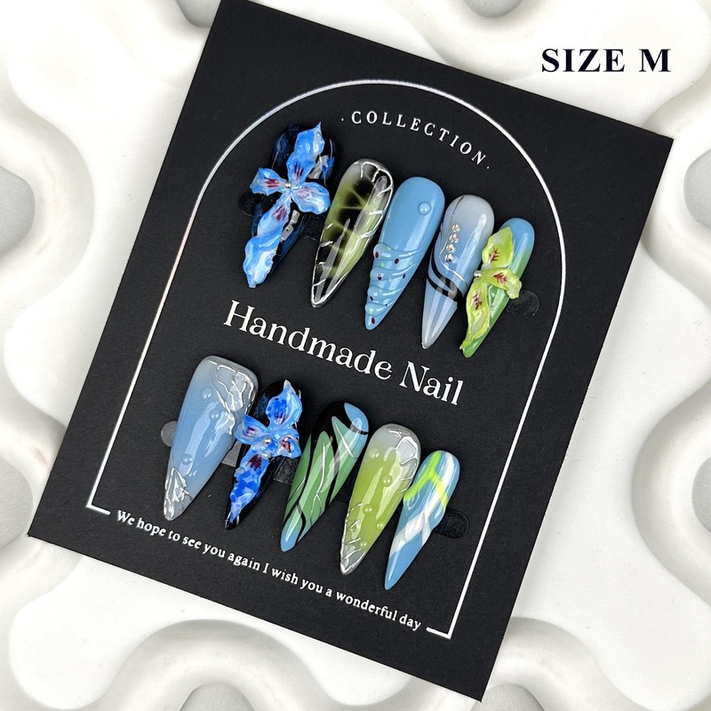 LIFOOST Handmade Press On Nails Long, Blue Press On Nails