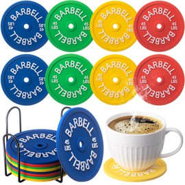 Blushtier 8 Pcs Barbell Bumper Plate Cool Coasters Round Silicone Coasters Weight Plate Coaster with Rack Holder for Gym Decoration Gifts for Gym Lovers Gym Accessories Gifts (Colorful)