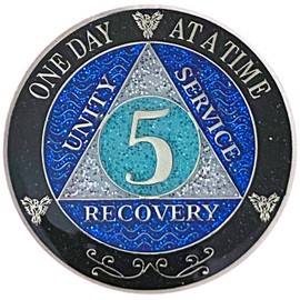 5 Year AA Recovery Silver Color Plated Glitter Medallion, Black Rainbow, Blue, Silver Glitter Coin, Epoxy Covered (AA 5 Year Glitter Medallion)