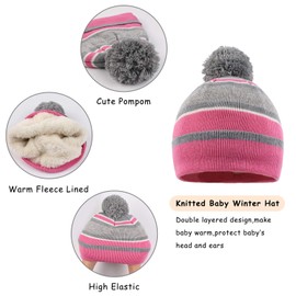 Pesaat Children's Hat Scarf Gloves Set Autumn Winter Knitted Hat with Warm Fleece Winter Hat for Girls Boys, pink