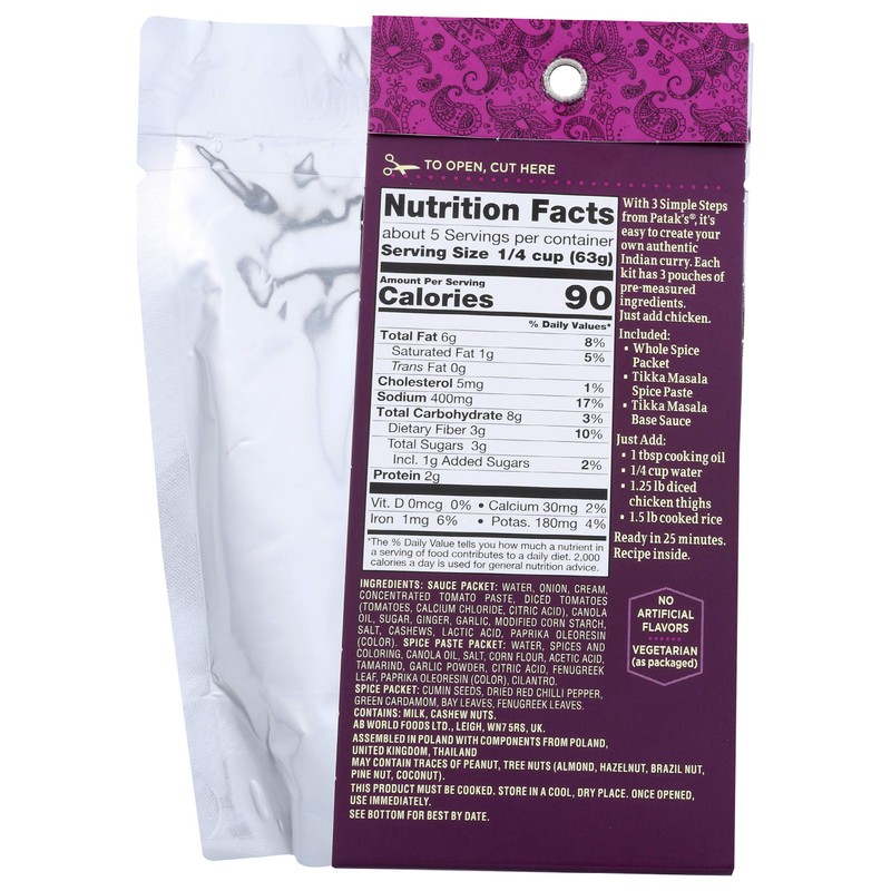 Patak's Tikka Masala Curry Sauce 3-Step Kit, Pre-measured ingredients included,