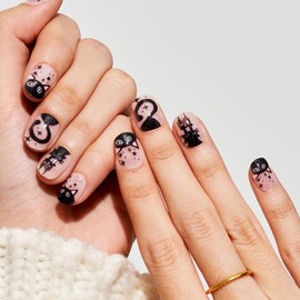 GLAMERMAID Press on Nails Extra Short Squoval, Nude Glue on Gel Nails with Balck Cats, 24Pcs Nude Round Reusable UV Finish Fake Nails Acrylic False Nails Manicure Kits for Women Gift