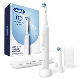 Oral-B Oral-B iO Deep Clean Rechargeable Electric Powered Toothbrush, White with iO Series 3 Limited, 2 Brush Heads and Travel Case - Pressure Sensor to Protect Gums - 3 Cleaning Settings - 2 Minute Timer
