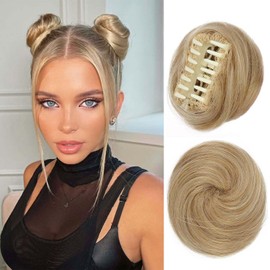 Space Bun Hair Pieces,2PCS Mini Claw Clip in Hair Bun Hair Scrunchies Messy Cat Ears Hair Bun Extension Synthetic Scrunchies Wig Accessory Updo Hairpieces for Women (Dark Blonde Mix Bleach Blonde)