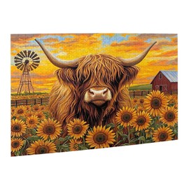Beautiful Sunflower Highland Cow Jigsaw Puzzle 500 Piece for Adult, Sunflower Jigsaw Puzzles Flowers Puzzle Nature Animal Flower Painting Jigsaw Puzzles Birthday Gifts for Adults and Family Game