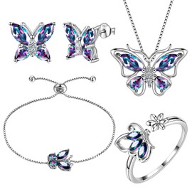 Aurora Tears Butterfly Jewelry Set,925 Sterling Silver Butterflies Birthstone Pendant Necklace/Earrings/Rings/Bracelets for Wedding Gift
