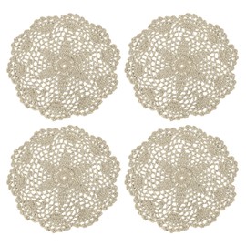 uxcell Lace Doilies, 4pcs 8" - Cotton Woven Round Crochet Coaster, Floral Design Fabric Handmade Placemat for Drink Wedding Party Decoration (Light Coffee)