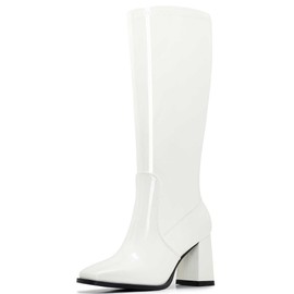 Aizhenzm White Gogo boots for women- Knee-High Boots with Zipper, Square Toe Tall Leather Boots, Chunky Heel Fashion Long Boots Size 6