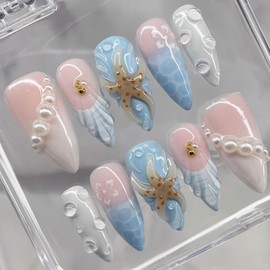 Blue French Tip Press on Nails Summer Beach 3D Gold Mini Rhinestone Fake Nails White Floral Starfish Designs Full Cover Reusable Artificial Gradient False Nails for Women Summer DIY Manicure 25 Pcs