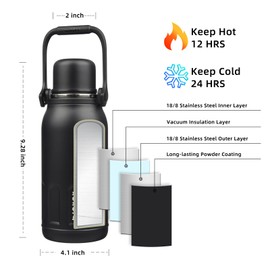 BJPKPK Insulated Water Bottle 40oz Stainless Steel Water Bottles with Handle and Cup Lid Travel Metal Thermos,Black