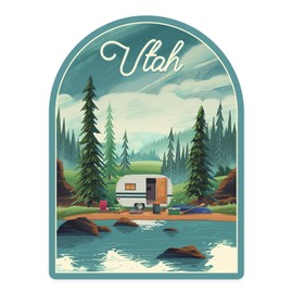 Die Cut Sticker Utah, Outdoor Activity, at Home Anywhere, Camper in Evergreens Vinyl Sticker, (Waterproof Decal for Cars, Water Bottles, Laptops, Coolers), Large