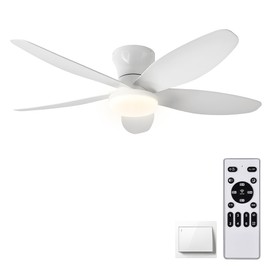 42" Low Profile Flush Mount Ceiling Fan with Lights & Remote, Dimmable 3-Color LED, 6 speed wind, Reversible DC Motor,Timer, Memory Function - Quiet Bedroom & Patio Fan for Indoor/Outdoor Use (White)