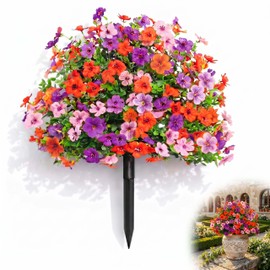 22" Artificial Petunias Outdoor Faux Flowers with Ground Stakes, UV Resistant Fade Proof Fake Plants for Garden Front Porch Patio Yard Planter Window Box Walkway Cemetery, 1 Pack, 180 Heads